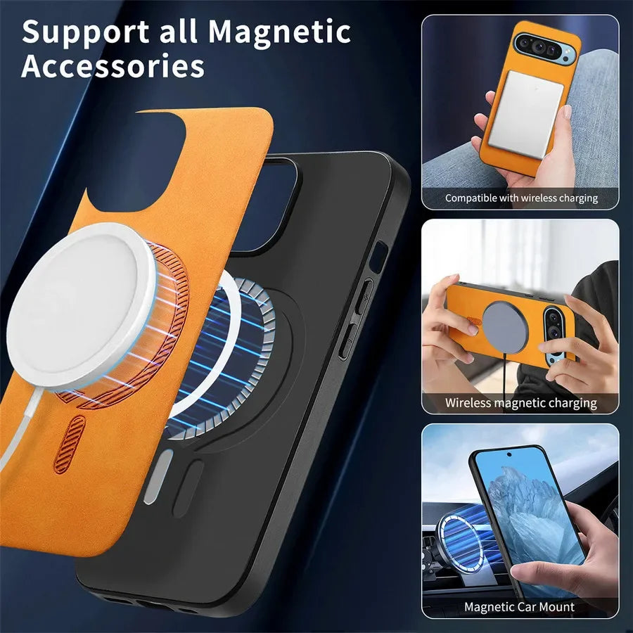 For Google Pixel 9 Pro XL Case Pixel9 Pro 9A Luxury Leather for Magsafe Magnetic Wireless Charging Cover for Pixel 7 8 Pro 7A 8A