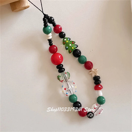 INS Cute Christmas Tree Beaded Phone Charm Chain For Phone Case Phone Straps Accessories Anti-Lost Keychain Lanyard Girl Gift