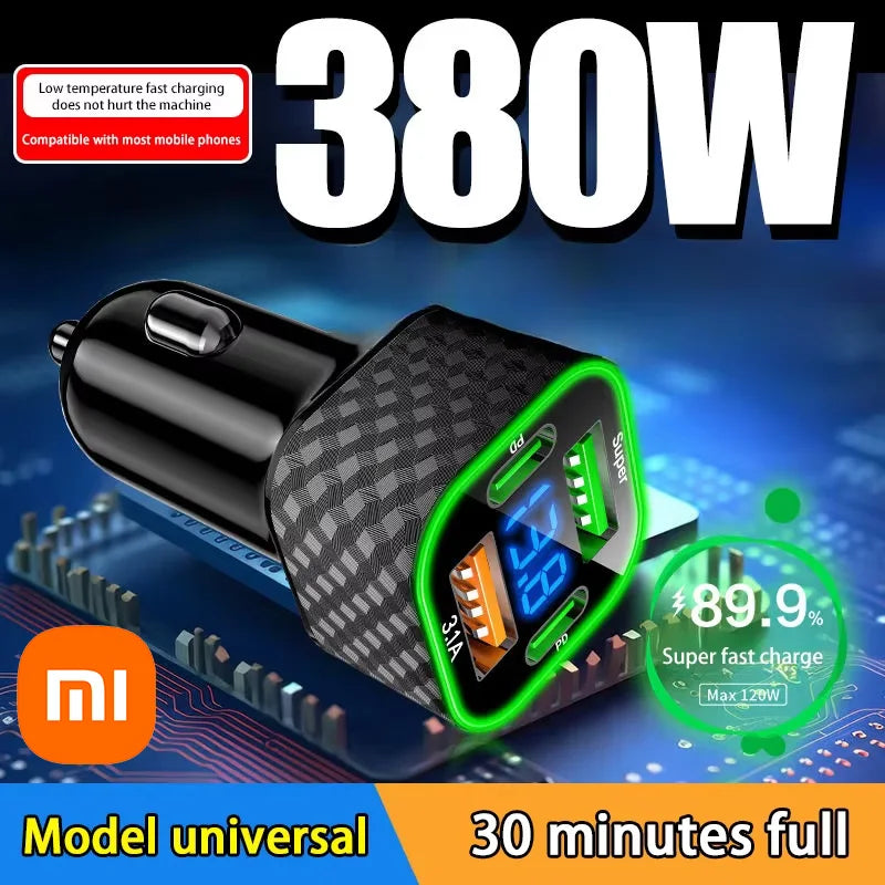 Xiaomi USB C Car Phone Charger Dual PD 4 in 1 with Voltage Display Super Fast Charge Adapter for iPhone Xiaomi Oppo Vivo Samsung