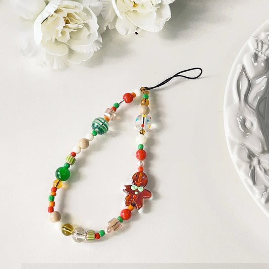 Korean 3D Cute Cartoon christmas ornaments Gingerbread man Beaded Phone Chain Lanyard Charm Keychain For iPhone Anti-Lost Chain