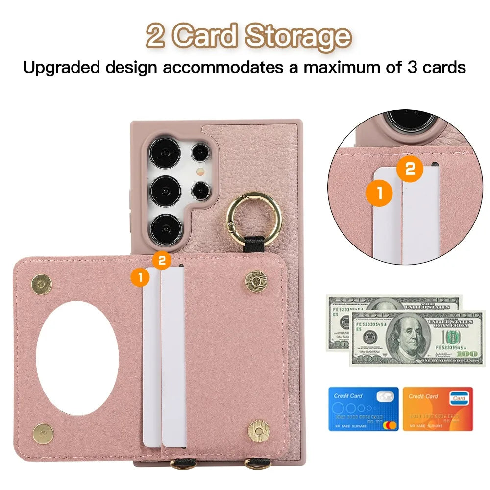 Crossbody Leather Phone Case for Samsung Galaxy S25 Ultra S24 FE S23 S22 Plus Mirror Wallet with Card Holder Protective Cover