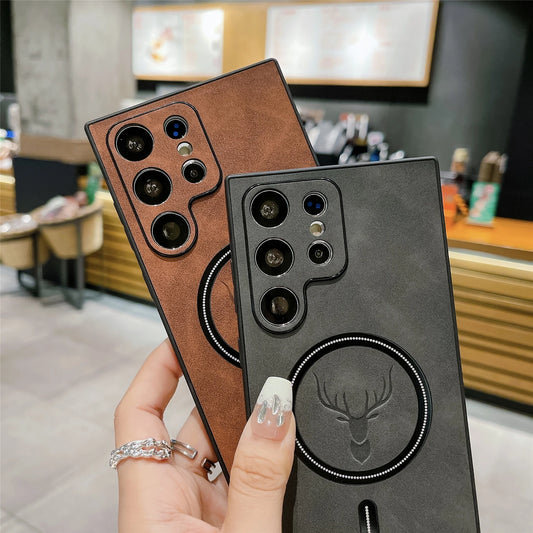 Luxury Magsafe Wireless Leather Case For Samsung S25 Edge S24 Ultra S23 Plus S22 Galaxy S21 Phone Protective Back Cover Case