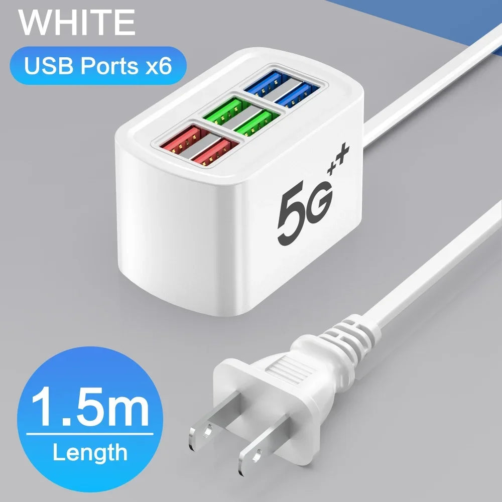 Fast USB Charger 6 in 1 Power Strip Desktop Charging Station Fast Charging 1m Cord USB HUB Adapter Socket for iPhone 16 Home