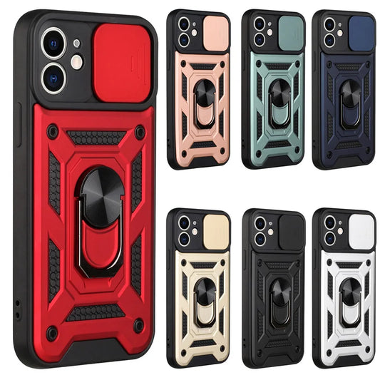 For iPhone 16 15 14 13 12 11 Pro Max Mini XS XR X Plus Military Grade Bumpers Ring Cover Slide Camera Lens Protector Armor Case