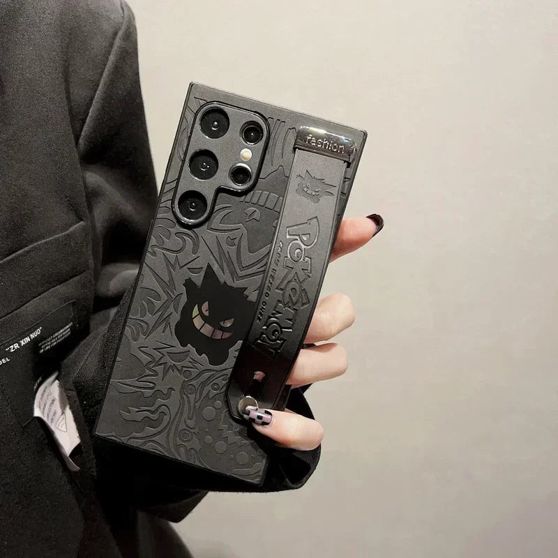Japan Anime Pocket Monsters Pokémon Gengar Wrist Strap Holder Phone Case For Samsung Galaxy S 25 24 23 Ultra Puls Leather Cover
