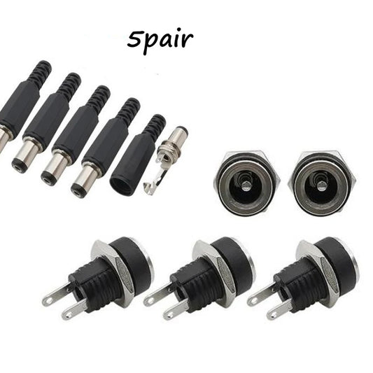 5 Pair DC 12V Male Female Socket Panel Mount Barrels Jack Plug Power Connector Female Jack Screw Nut Panel Mount Connector