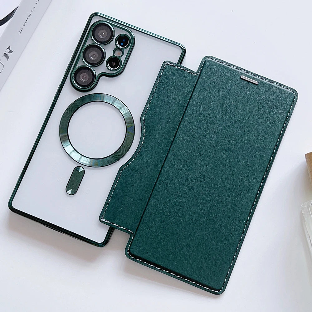 Flip Cover Plating Clear Magnetic Fold Wallte Case For Samsung S25 Ultra S24 FE S23 S22 Plus Slot Card Bag Holder Soft Cover