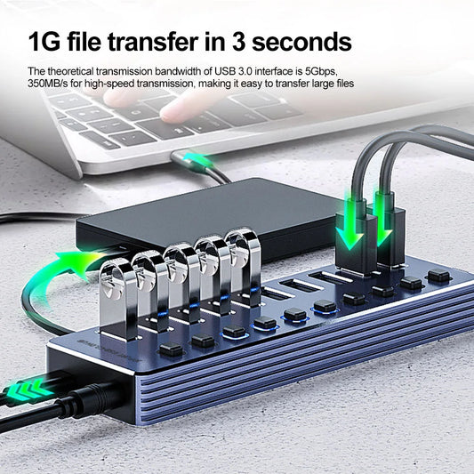10/7 Port USB HUB USB 3 0 5Gbps Splitter Multiple Extension Dock with Independent Switch 12V Power Adapter for PC Laptop Tablets