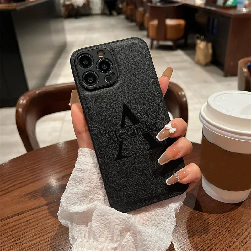 Personalized Customized Initials Name Case For iPhone 16 15 14 13 12 11 Pro Max Plus Big Letter Laser Engraving Leather Cover