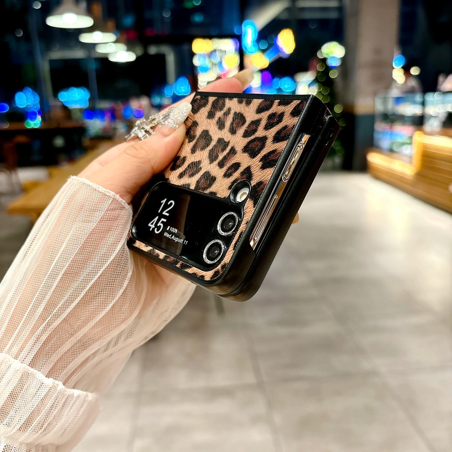 Luxury Leopard Grain Leather Plastic Folding Case For Samsung Galaxy Z Flip 3 4 5 6 Cover