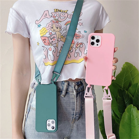 Crossbody Necklace Strap Lanyard Matte Silicone Case For iPhone 16 15 14 Pro Max 11 12 13 XR X XS 6 7 8 Plus SE Shockproof Cover