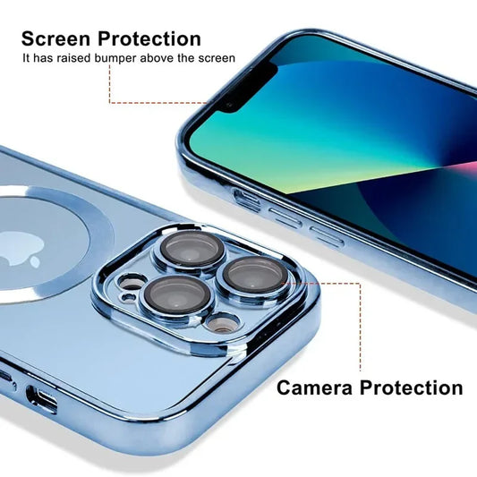 Clear Plating  Magnetic Case For iphone 16 15 14 13 12 11 Pro Max Plus Lens Protection For Magsafe Wireless Charging Cases Cover