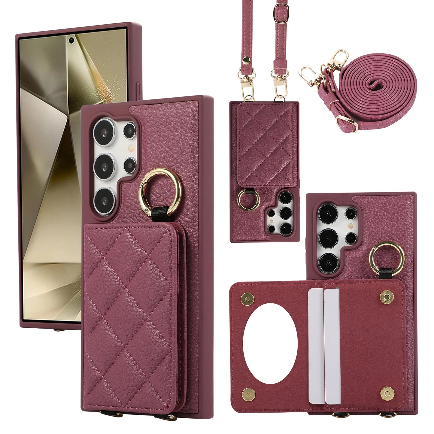 Crossbody Leather Phone Case for Samsung Galaxy S25 Ultra S24 FE S23 S22 Plus Mirror Wallet with Card Holder Protective Cover