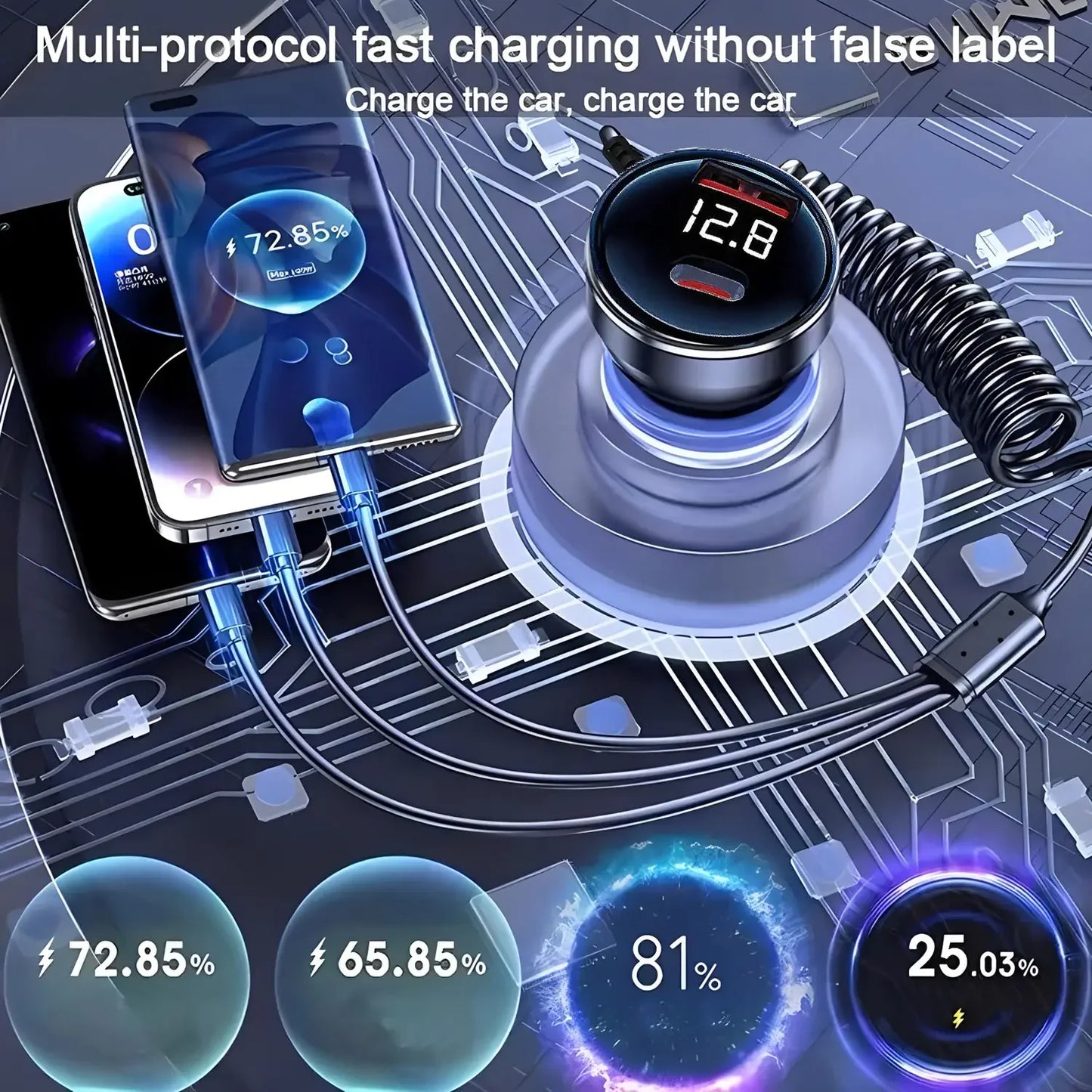 230W Car Charger Fast Charging USB Type-C PD QC3.0 with Retractable Cable Universal Phone Adapter for iPhone Samsung Xiaomi