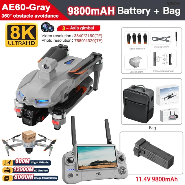 New AE60 GPS RC Drone 8K Professional HD Camera Brushless 3-Axis Gimbal Obstacle Avoidance Large Screen FPV Drones RC Quadcopter