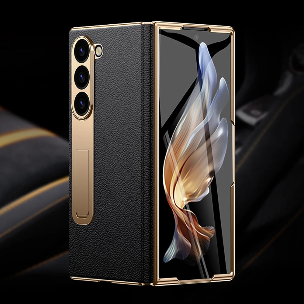 LANGSIDI Leather Case for Samsung Galaxy Z Fold 6 5 4 3 Fold6 Fold5 Gold Plating Magnetic Hinge Stand Cover with Mirror Film