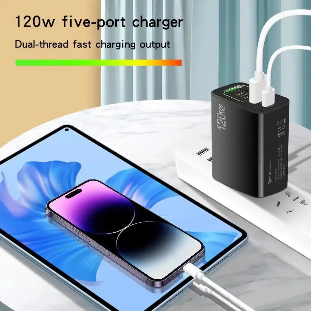 120W Multi Ports USB Charger Fast Charging Type C Mobile Phone Charger For iPhone 15 Huawei Samsung Xiaomi Quick Charge Adapter