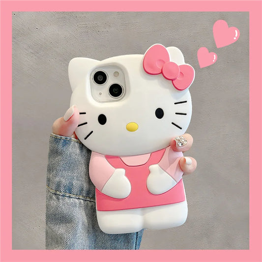 For iPhone 16 15 14 13 12 11 Pro Plus mini Max Xs XR 6 7 8 SE Silicone Bow Pink Hello Kitty Soft Cover Case