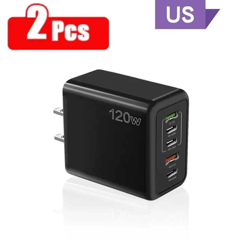 120W Multi Ports USB Charger Fast Charging Type C Mobile Phone Charger For iPhone 15 Huawei Samsung Xiaomi Quick Charge Adapter