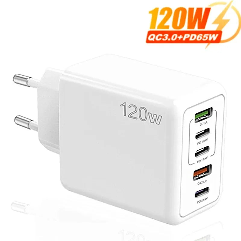 120W Multi Ports USB Charger Fast Charging Type C Mobile Phone Charger For iPhone 15 Huawei Samsung Xiaomi Quick Charge Adapter