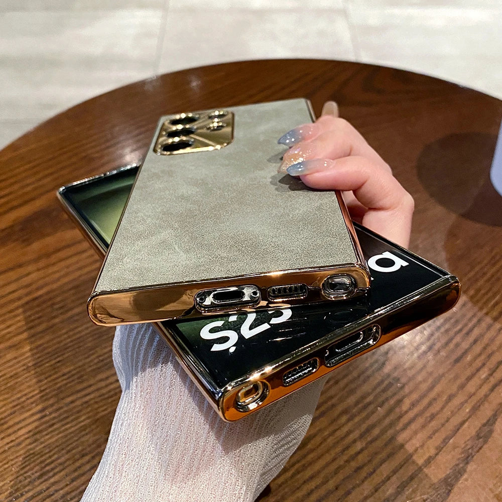 Luxury Plating Matte Suede Leather Case For Samsung Galaxy S25 S24 Ultra S23 S22 Plus Camera Protection Shockproof Bumper Cover