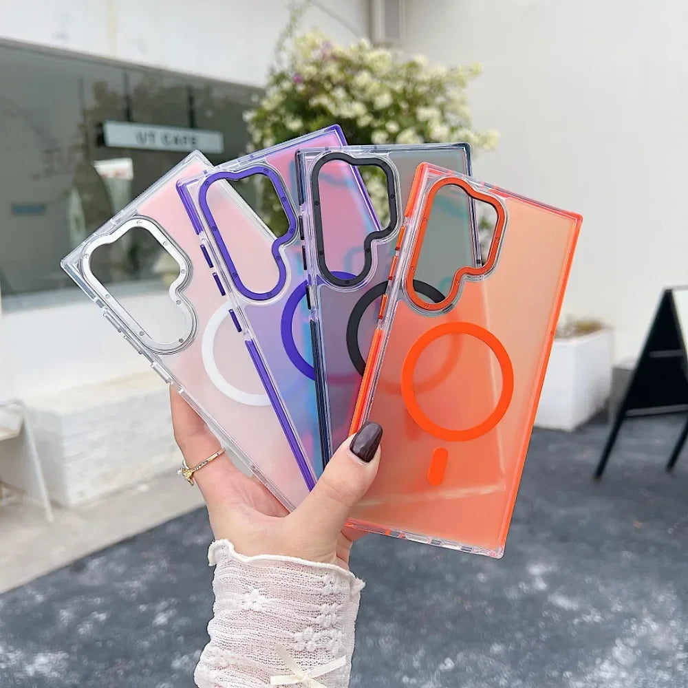 Metal Lens MagSafe Phone Case For Samsung Galaxy S25 S24 Ultra S23 Plus S22 S21 A53 A54 A55 Wireless Charging Discolour Cover