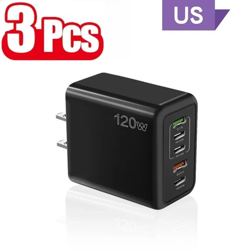 120W Multi Ports USB Charger Fast Charging Type C Mobile Phone Charger For iPhone 15 Huawei Samsung Xiaomi Quick Charge Adapter