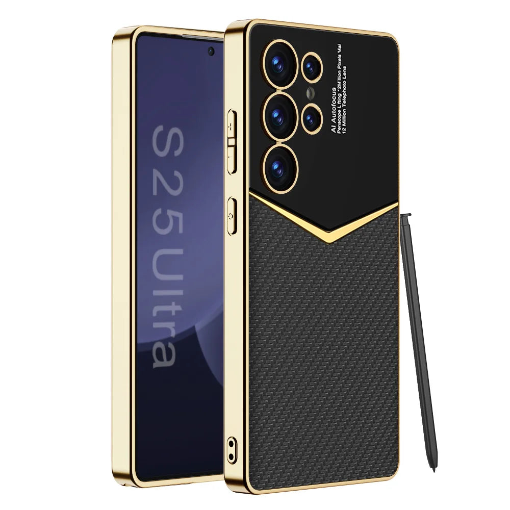 Luxury Leather Plating Frame S24Ultra S25Ultra Case For Samsung Galaxy S23 S24 S25 Ultra Soft Edge Shockproof Protection Cover