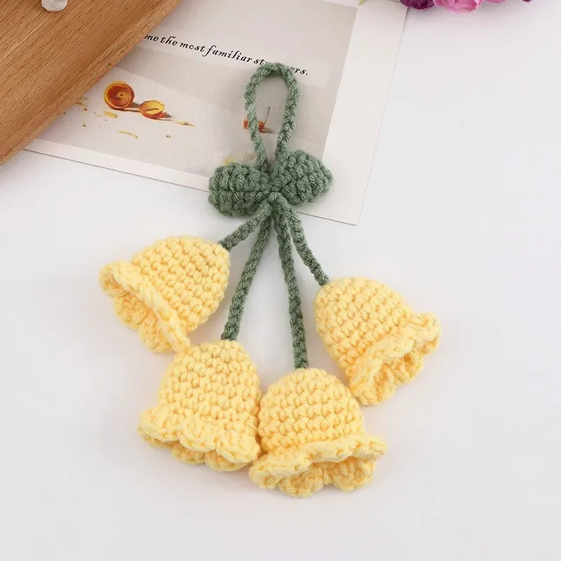 Lily Handmade Crochet Car Pendant Decoration Bluebell Flower Rearview Mirror of The Car Hanging Keychain Accessories Woman Gift