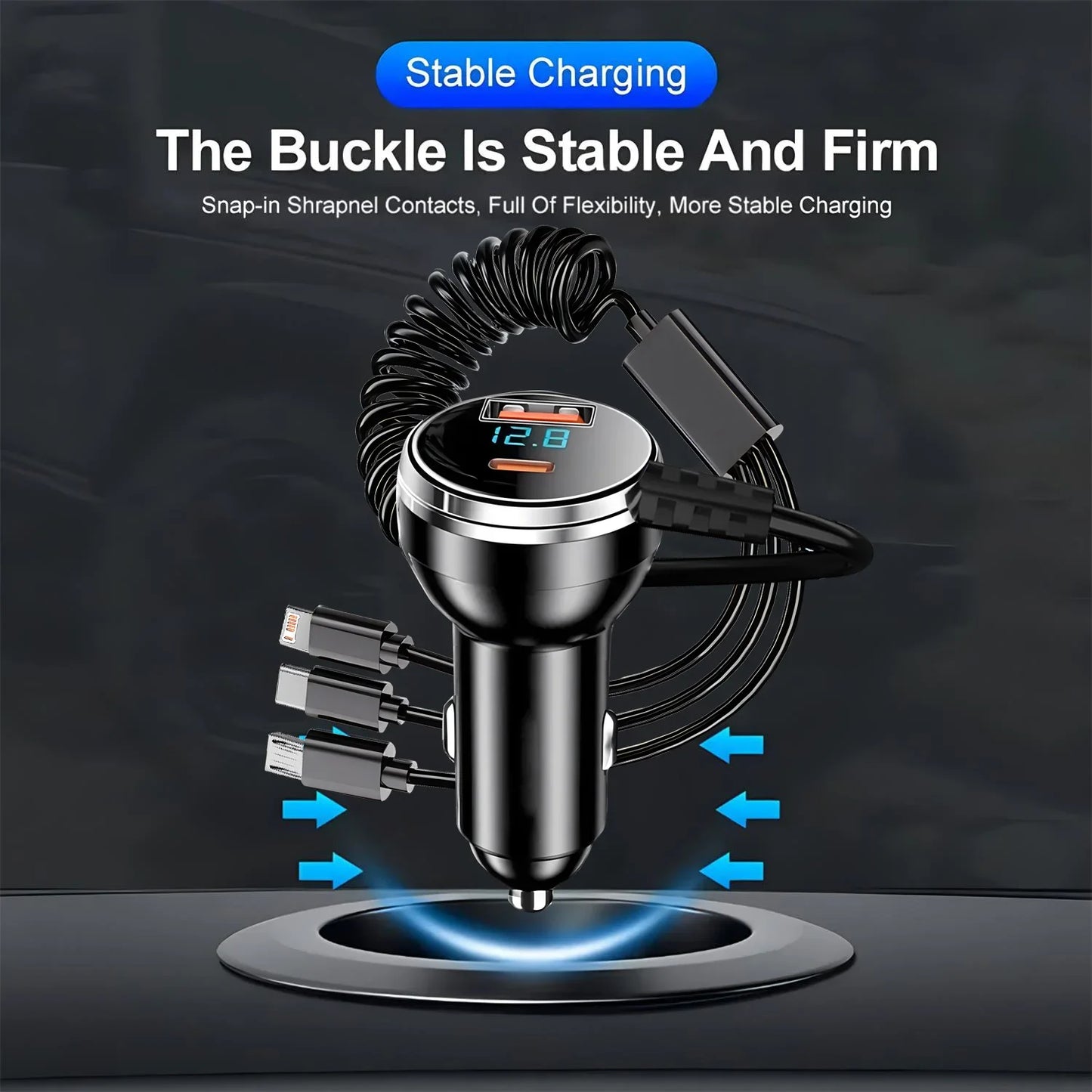 230W Car Charger Fast Charging USB Type-C PD QC3.0 with Retractable Cable Universal Phone Adapter for iPhone Samsung Xiaomi