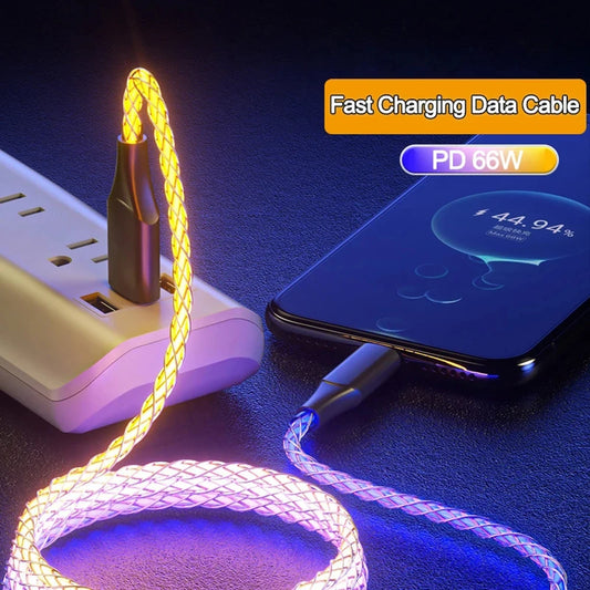 USLION 66W RGB Color Light USB C Fast Charging Cable For Xiaomi Huawei Samsung Dual Type-C Phone Charger Data Cord For iPhone 15