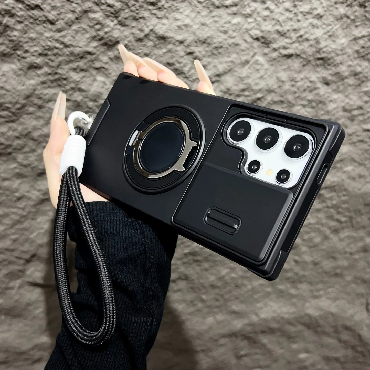 Armor Magnetic Bracket Case For Samsung Galaxy S25 S24 S23 S22 S21 Ultra Plus With Lanyard Slide Camera Protect Shockproof Cover