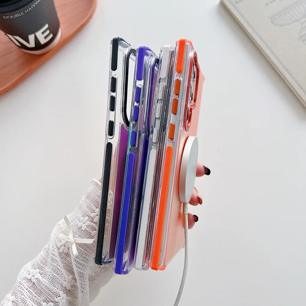 Metal Lens MagSafe Phone Case For Samsung Galaxy S25 S24 Ultra S23 Plus S22 S21 A53 A54 A55 Wireless Charging Discolour Cover