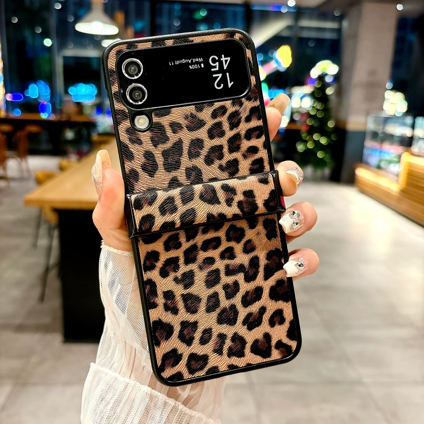 Luxury Leopard Grain Leather Plastic Folding Case For Samsung Galaxy Z Flip 3 4 5 6 Cover