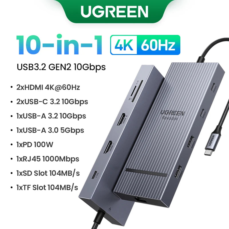 UGREEN USB C HUB 10-in-1 4K60Hz HDMI USB3.2 10Gbps PD100W RJ45 SDTF USB Splitter for Laptop Macbook Pro Air iPad Docking Station