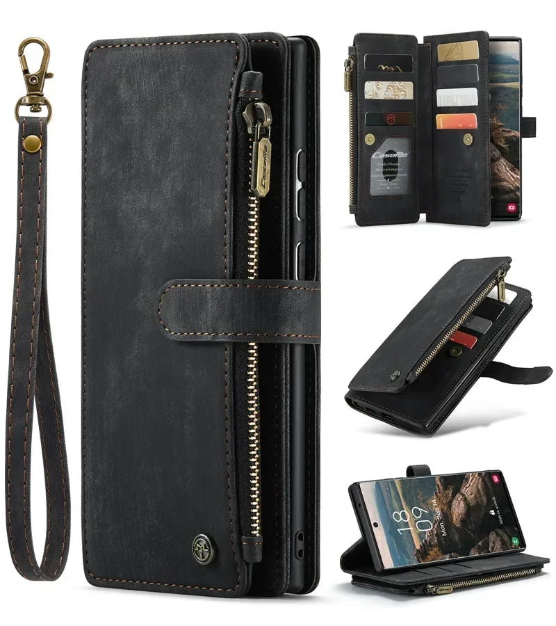 Leather Wallet Card Phone Case For Samsung Galaxy S25 Edge S24 FE S23 Ultra S22 Plus S21 S20 Note20 A56 A54 Zip Flip Stand Cover