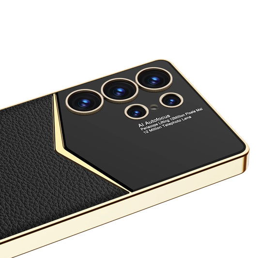 Luxury Leather Plating Frame S24Ultra S25Ultra Case For Samsung Galaxy S23 S24 S25 Ultra Soft Edge Shockproof Protection Cover