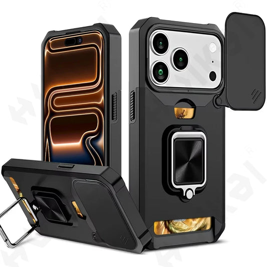 Case For iPhone 17 16 15 14 13 12 11  Pro Max XS Plus Slide Camera Card Holder Slot Duty Wallet Protective With Ring Stand Cover