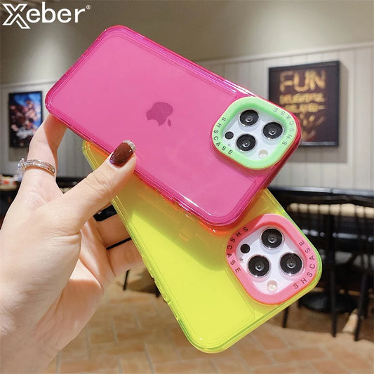 2IN1 Neon Fluorescent Color Clear Phone Case For iPhone 14 13 Pro Max 12 11 XR X XS Mini 7 8 Plus Shockproof Soft Silicone Cover