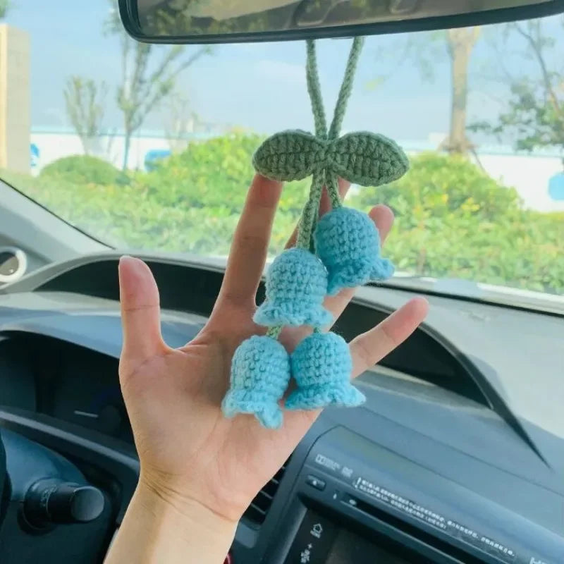 Lily Handmade Crochet Car Pendant Decoration Bluebell Flower Rearview Mirror of The Car Hanging Keychain Accessories Woman Gift