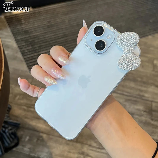 Luxury Rhinestone Bow Litchi Pattern Transparent Phone Case For iPhone 16 15 14 13 12 11 Pro Max 16E X XS XR Plus Soft Case