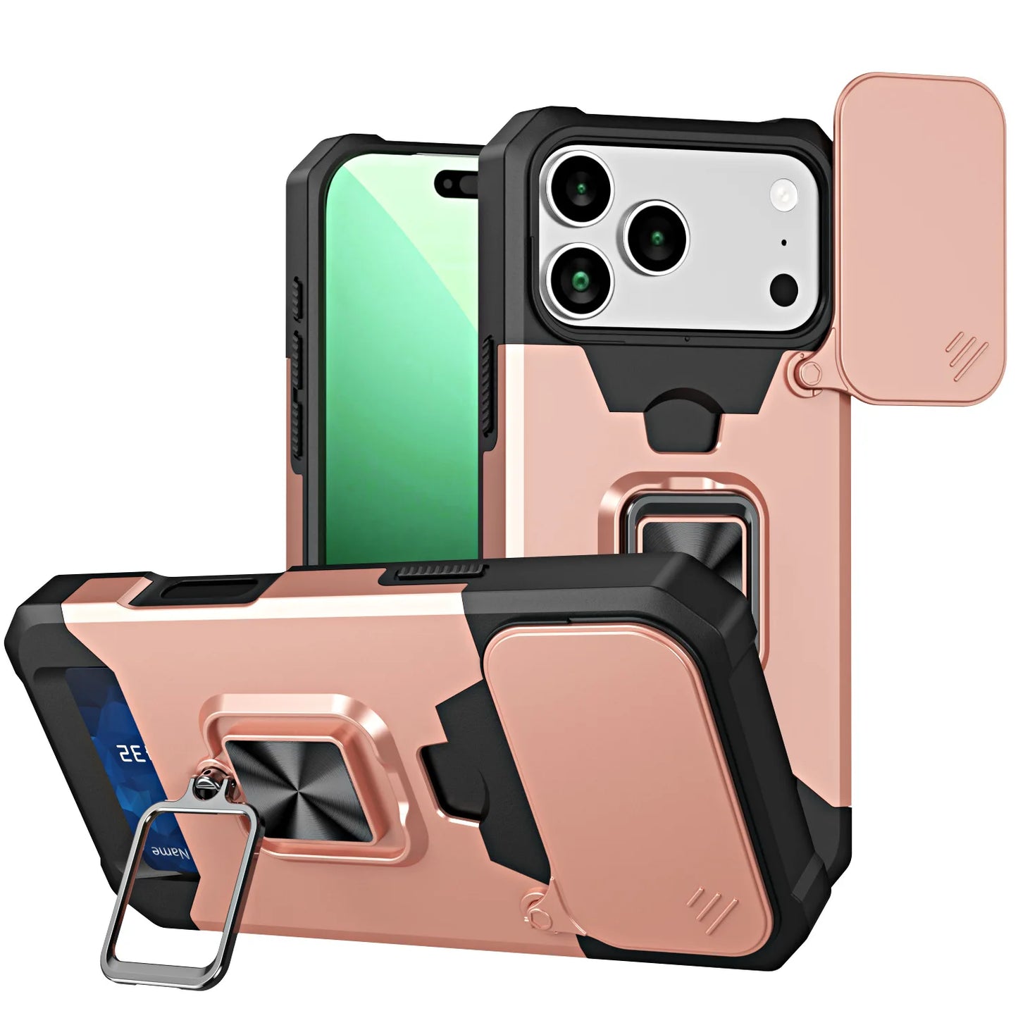 Case For iPhone 17 16 15 14 13 12 11  Pro Max XS Plus Slide Camera Card Holder Slot Duty Wallet Protective With Ring Stand Cover