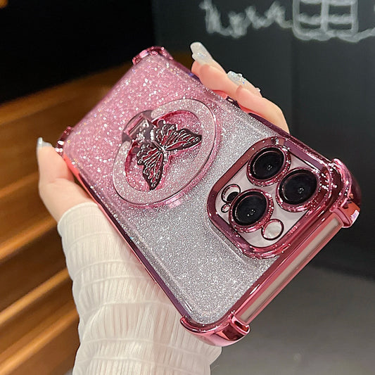 Luxury Butterfly Glitter Holder With Lens Film Phone Case For iPhone 11 12 13 14 15 16 Pro Max Plus Four Corner Anti Fall Cover