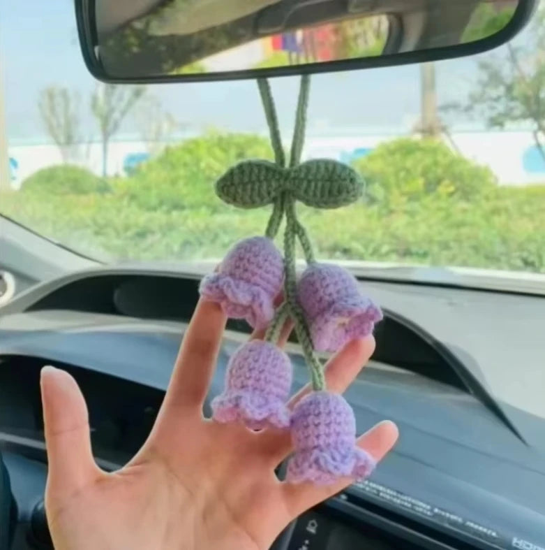Lily Handmade Crochet Car Pendant Decoration Bluebell Flower Rearview Mirror of The Car Hanging Keychain Accessories Woman Gift