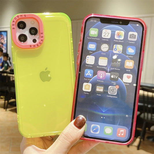 2IN1 Neon Fluorescent Color Clear Phone Case For iPhone 14 13 Pro Max 12 11 XR X XS Mini 7 8 Plus Shockproof Soft Silicone Cover