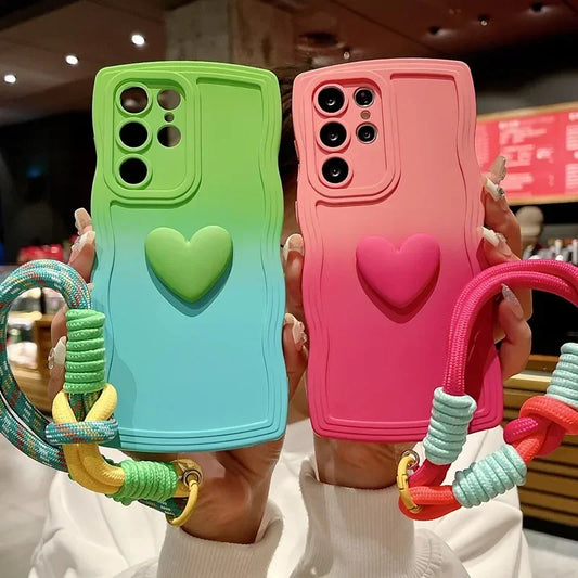 Love Heart Gradient Wrist Strap Case For Samsung Galaxy S25 Ultra S24 FE S23 S21 S20 S22 Plus Note 20 A55 A535 A25 A15 5G A05s