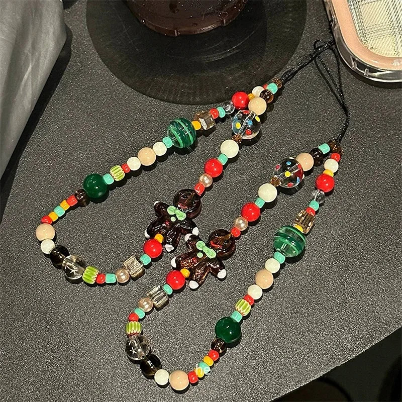 Gingerbread Man Christmas Tree Mobile Phone Chain Hanging Rope Love Heart Bead Chain Wrist Hanging Chain Camera Hanging Pendant