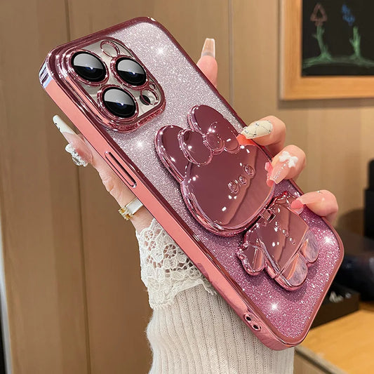 Glitter Gradient Plating Rabbit Mirror With Holder Case For iPhone 16 11 12 13 14 Plus 15 Pro Max Lens Protection Soft TPU Cover