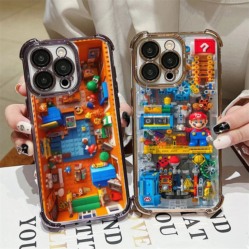 Luxury Plating Building Super Mario Clear Phone Case For Xiaomi Redmi Note 14 13 12 10 11 Pro 10S 9S Redmi 14C 13C 12C 9A 9i 9