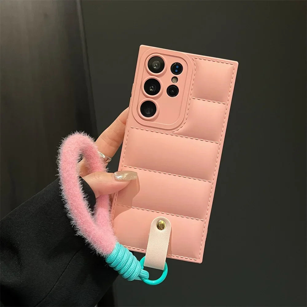 Fashion Down Jacket Lanyard Case for Samsung Galaxy S24 S23 S25 Ultra S22 Plus S21 S20 FE A54 A55 A15 A34 Hand Wrist Strap Cover
